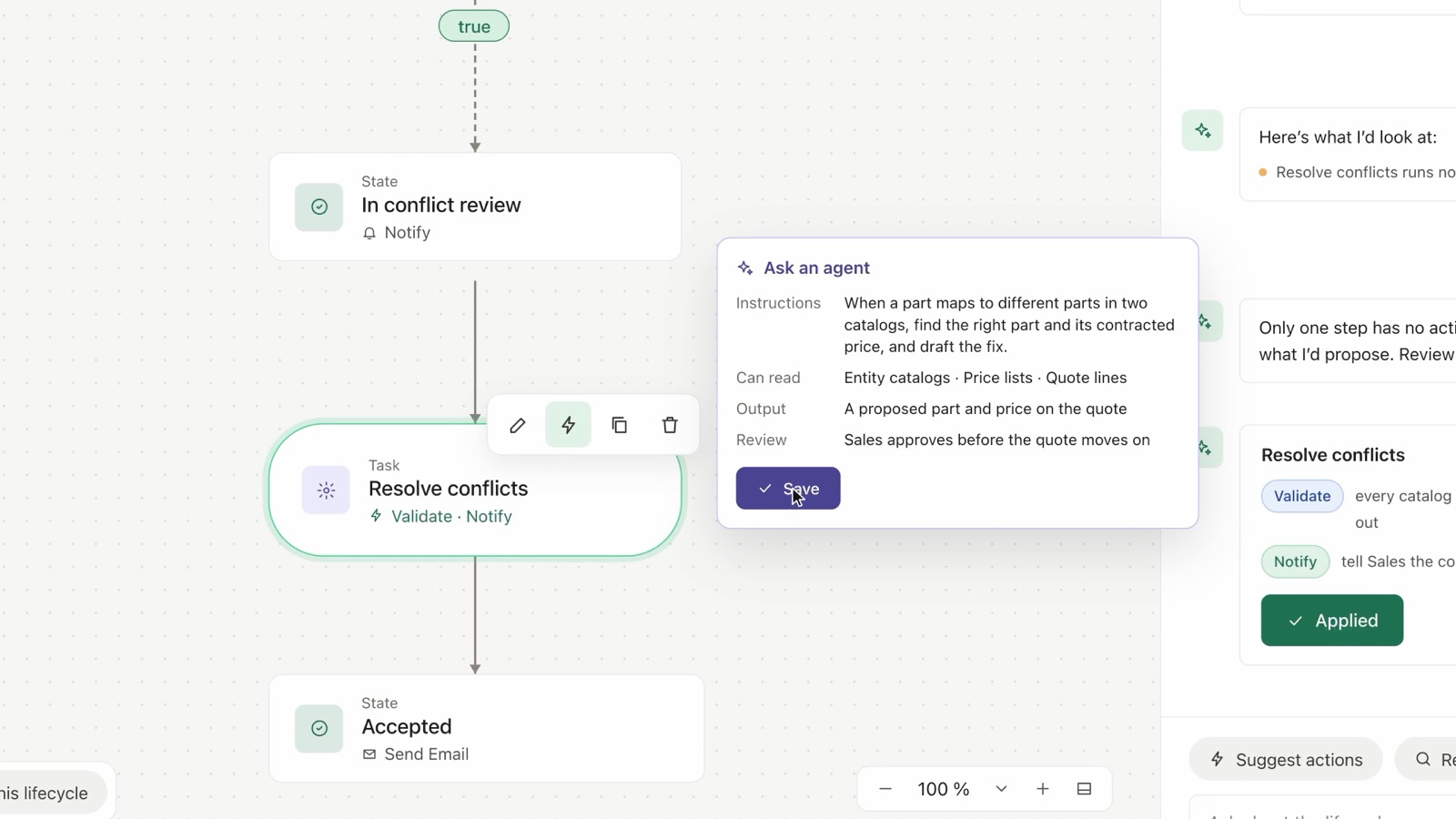 An AI agent step being added to a lifecycle, with its instructions, what it can read, its output and its reviewer