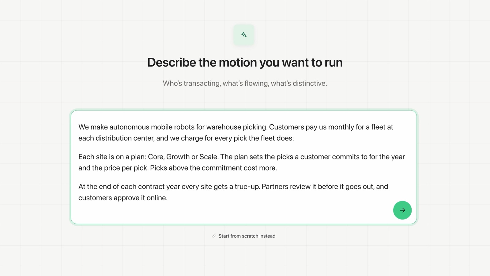 The Describe screen with a revenue motion typed in plain language
